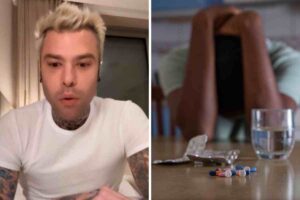 A sinistra Fedez, a destra un uomo con le mani in testa e dei farmaci sul tavolo